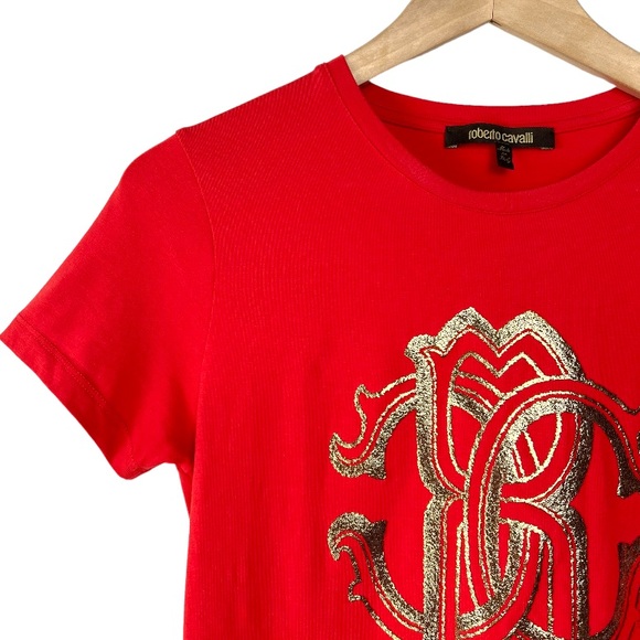 Roberto Cavalli Red Glitter Gold Logo Tee Size M - Picture 4 of 14